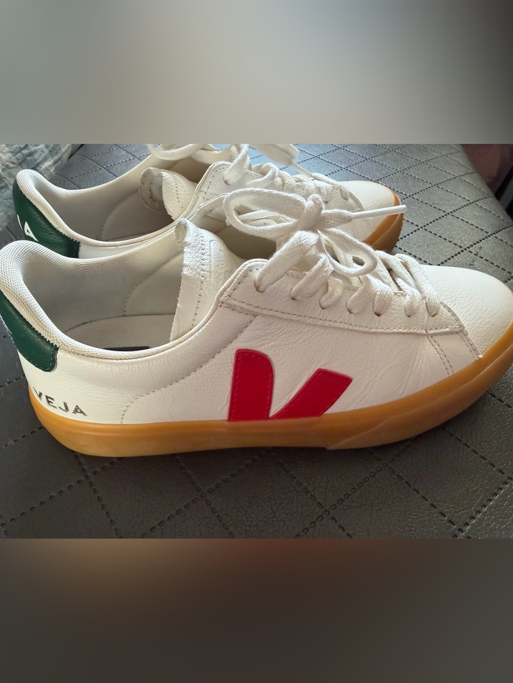 Veja Women’s White Sneakers with Green Heel Tab and Gum Sole